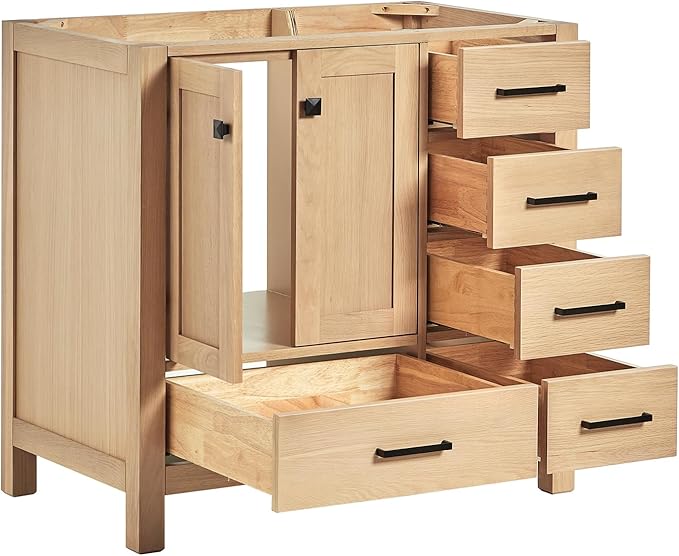 ARIEL Cambridge 36-inch Bathroom Vanity Base Cabinet,Solid Wood, 2 Soft Closing Doors, 5 Dovetail Drawers, White Oak