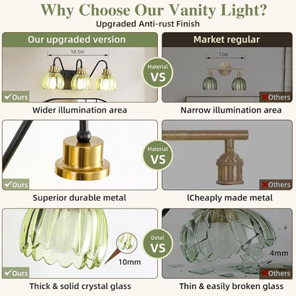 3-Light Bathroom Vanity Light, Black Vanity Light, Vintage Black Finish Wall Mount Sconces with Tulip Glass Shade, Mid Century Hardwired Wall Sconces for Bedroom, Living Room, Hallway