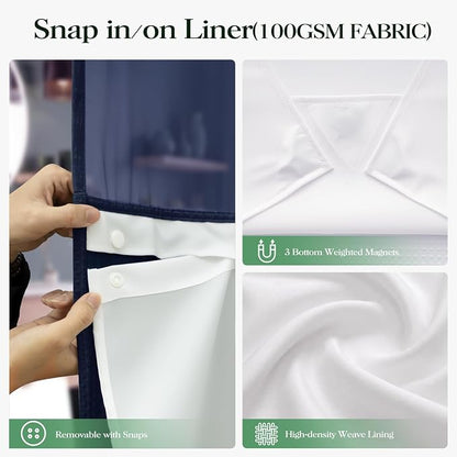 Navy Blue Hook Free Waffle Shower Curtain & Snap-in Liner,54x81 | Less Time to install, 3 in 1 Fabric Shower Curtain and Liner Set with Magnets, Stall, Long, Shower Curtains for Bathroom