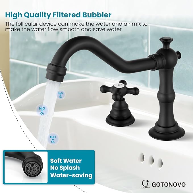 gotonovo Bathroom Faucet 3 Hole 8 Inch Widespread Bathroom Sink Faucet 2 Cross Handles Vintage Lavatory Vanity Mixer Tap with Pop Up Drain, H C Label, Matte Black