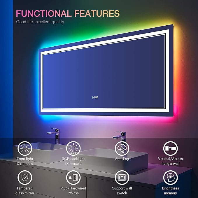 72x36 Inch RGB LED Bathroom Mirror with Lights | Front and RGB Backlit, Dimmable, Memory, Anti Fog, Shatterproof, Horizontal/Vertical, Lighted Mirrors for Bathroom Wall