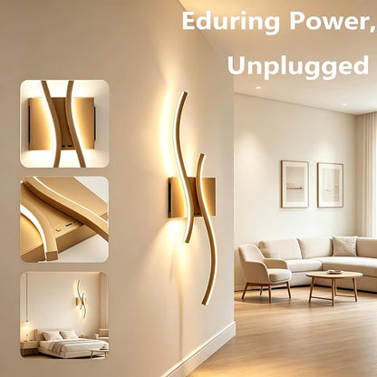 Battery Operated USB Rechargeable Wall Sconce, Gold Dimmable LED | Wireless Wall Light with Remote Control, 10000mAh, 3000K-6000K, Minimalist, For Bedroom Hallway Background Staircase, 1 Pack