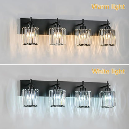 Black Crystal Bathroom Vanity Lights, Modern 4-Lights Bathroom Lighting Fixtures Over Mirror, Crystal Wall Lighting with Round Shade