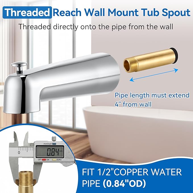 Dreyoo 7 Inch Bathroom Tub Spout Compatible with Westbrass E531D-1F-62, Fits Wall Front Mount Tub Spout with Shower Diverter 1/2'' IPS Inside Thread Bathtub Faucet (Chrome)