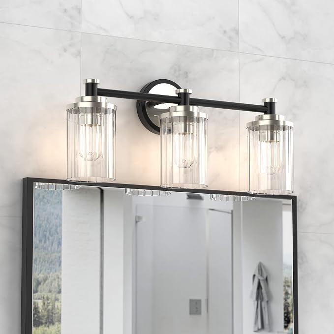 Bathroom Lighting Fixtures Black and Brushed Nickel Bathroom Vanity Light with Cylindrical Clear Stripes Glass Lampshade E26 Socket Base Bathroom Lighting Fixtures Over Mirror (3 Lights)