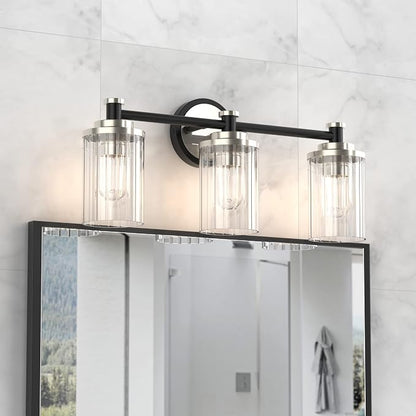 Bathroom Lighting Fixtures Black and Brushed Nickel Bathroom Vanity Light with Cylindrical Clear Stripes Glass Lampshade E26 Socket Base Bathroom Lighting Fixtures Over Mirror (3 Lights)