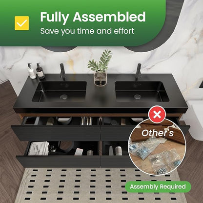 60" Pre-Assembled Floating Vanity with Double Sink, Walnut+Black | Modern Floating Double Sink Bathroom Vanity with Integrated Black Engineered Stone Top & Soft-Closing Drawers