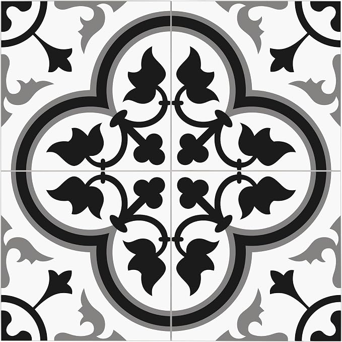 The Tiles Plaza Encaustic Peel and Stick Backsplash, Grey and White Patterned Vintage Stick on Tiles, Stone Composite Self-Adhesive Wall Tile Sticker for Kitchen Bathroom Fireplace Stairs, 10 Sheets