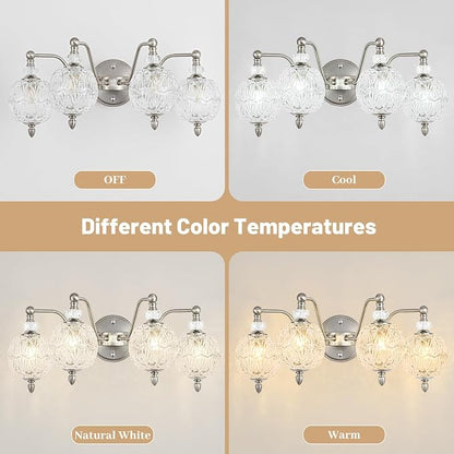 4-Light Brushed Nickel Bathroom Vanity Light, Modern Brushed Nickel Finish Wall Sconce with Globe Glass Shades, Modern Mirror Light for Bathroom, Powder Room