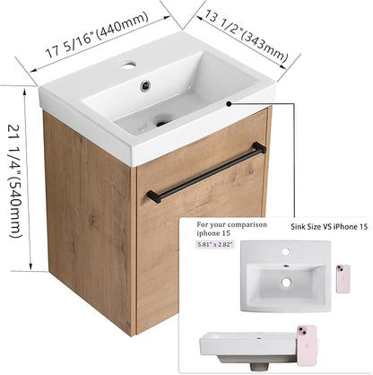 18" Bathroom Vanity with Sink, 18 Inch Floating Bathroom Vanity for Small Space,Modern Single Sink Bathroom Vanity Combo, Brown Wall Mounted Cabinet Set