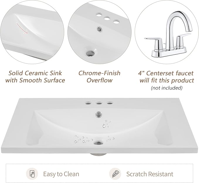 LUMISOL 30" Bathroom Vanity with Sink Set, Modern Single Bathroom Cabinet with Storage Doors and Drawer, Solid Wood Bathroom Vanity with Ceramic Sink, White