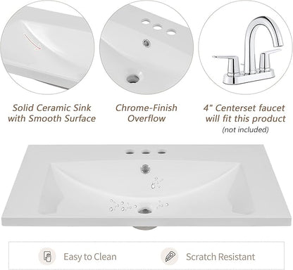 LUMISOL 30" Bathroom Vanity with Sink Set, Modern Single Bathroom Cabinet with Storage Doors and Drawer, Solid Wood Bathroom Vanity with Ceramic Sink, White