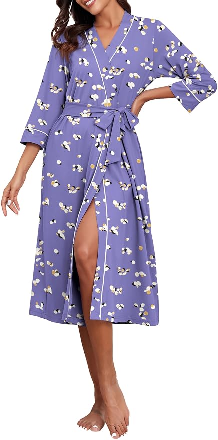 PrinStory Robes for Women 3/4 Sleeve Long Bath Robe XS-4XL | V-Neck Knit Bathrobe with Pockets, Lightweight, Soft, Breathable Robes for Shower, Spa, Travel, Home, Party, Nursing