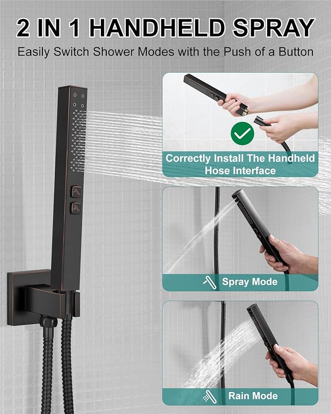 Shower Faucet Set Rainfall Shower System with Square Showerhead and Handle Set Fixture with 2 in 1 Function Handheld Sprayer Wall Mounted Trim Repair Kit Rough-in Valve 12 Inch Oil Rubbed Bronze
