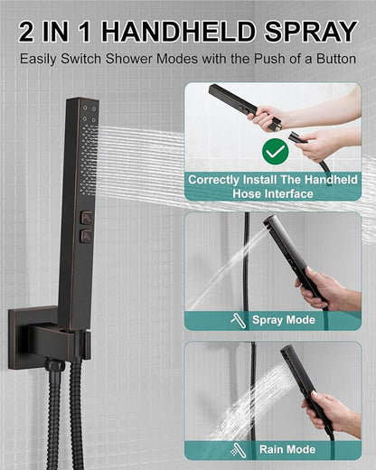Shower Faucet Set Rainfall Shower System with Square Showerhead and Handle Set Fixture with 2 in 1 Function Handheld Sprayer Wall Mounted Trim Repair Kit Rough-in Valve 10 Inch Oil Rubbed Bronze