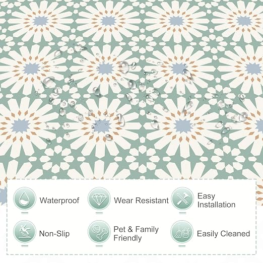 MORCART 20PCS 7.87" x 7.87" Peel and Stick Floor Tile,Aqua Mist Floral Look | Self-Adhesive DIY Vinyl Flooring, Removable and Waterproof Tile Sticker for Bathroom, Kitchen, Wall, Bedroom, Stairs