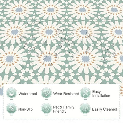 MORCART 20PCS 7.87" x 7.87" Peel and Stick Floor Tile,Aqua Mist Floral Look | Self-Adhesive DIY Vinyl Flooring, Removable and Waterproof Tile Sticker for Bathroom, Kitchen, Wall, Bedroom, Stairs