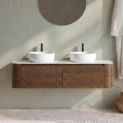 60" Preassembled Double Floating Bathroom Vanity with Round Sink, Walnut | Mid-Century Modern Style, Fluted & Soft-Close Drawer with U-shaped Wall, Sinterted Stone Countertop, Towel Rack Included