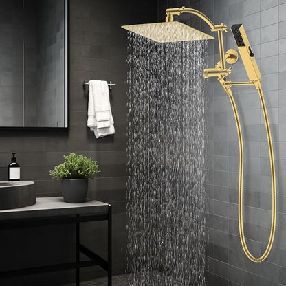Hibbent All Metal CUPC Certified 10'' Rain Shower Head, Dual Shower Head Combo, High Pressure Handheld 4 Sprays Shower Wand, 16'' Adjustable Extension Arm, 71'' Hose, Shower Holder, Brushed Gold