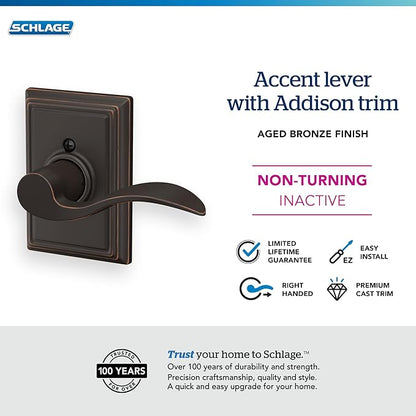 SCHLAGE Accent Lever with Addison Trim Non-Turning Lock in Aged Bronze - Right Handed - F170 ACC 716 ADD RH