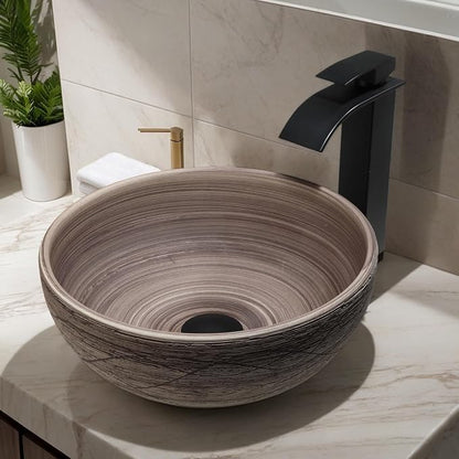 14 Inch Ceramic Bathroom Vessel Sink, Matte Black-Brown Round | Above Counter, With Faucet and Pop Up Drain Combo, Sinks Bowl for Vanity, Porcelain Art Basin, Easy Clean and Install