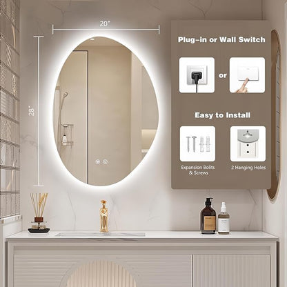 Niccy Irregular LED Bathroom Mirror, Frameless Backlit Wall Mirror, 20"x28" | Asymmetrica Lighted Mirror for Bedroom Living Room, Modern Smart-Mirror with 3 Color Lighting, Anti-Fog, Memory Function