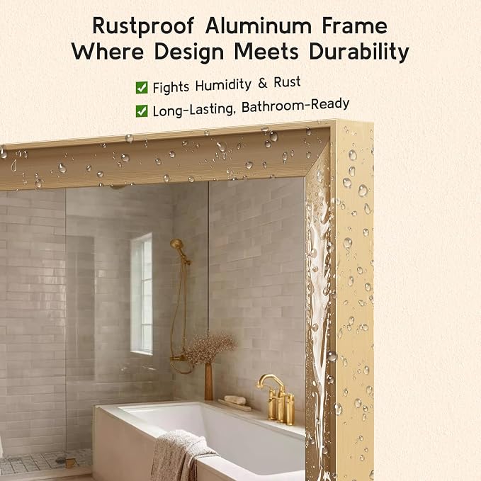 Gold Bathroom Mirror 30x40 Inch, Rectangle Vanity Mirror | Brushed Gold Bathroom Mirror for over sink, Bedroom, Entryway, Living Room, Aluminum Alloy Framed, Curved Wide Edge