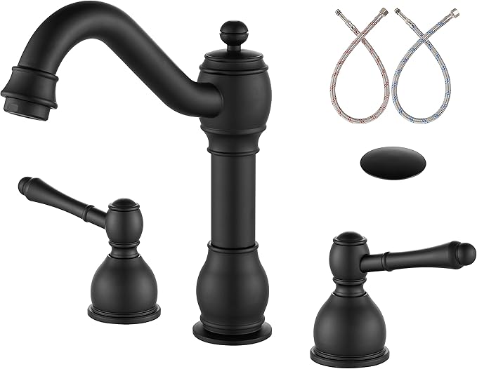 Aolemi 8 Inch Widespread Bathroom Sink Faucet 3 Hole Deck Mount Vanity Basin Mixer Tap with Pop Up Drain Assembly Matte Black Double Lever Handle