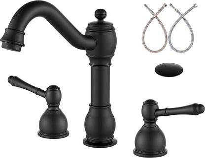 Aolemi 8 Inch Widespread Bathroom Sink Faucet 3 Hole Deck Mount Vanity Basin Mixer Tap with Pop Up Drain Assembly Matte Black Double Lever Handle