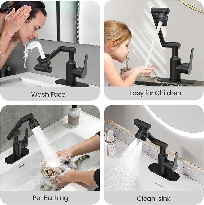 Stainless Steel Bathroom Sink Faucet, 1080° Rotatable, Matte Black | Fit 1 Hole Sink, 4 Water Outlet Modes, Three-stage Rotating Design, Flexible Adjustment, Anti-Rust, No Leakage, Single Handle