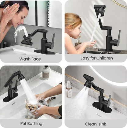 Stainless Steel Bathroom Sink Faucet, 1080° Rotatable, Matte Black | Fit 1 Hole Sink, 4 Water Outlet Modes, Three-stage Rotating Design, Flexible Adjustment, Anti-Rust, No Leakage, Single Handle