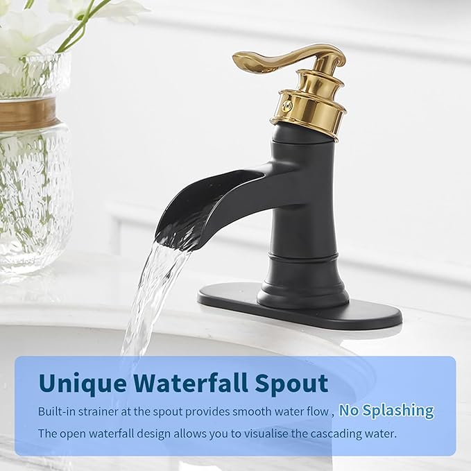 BWE Bathroom Sink Faucet Gold with Matte Black Waterfall Farmhouse Vanity Lavatory Single Hole Faucets One Handle Bath Antique Mixer with Water Supply Line