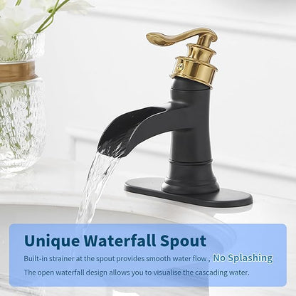 BWE Bathroom Sink Faucet Gold with Matte Black Waterfall Farmhouse Vanity Lavatory Single Hole Faucets One Handle Bath Antique Mixer with Water Supply Line