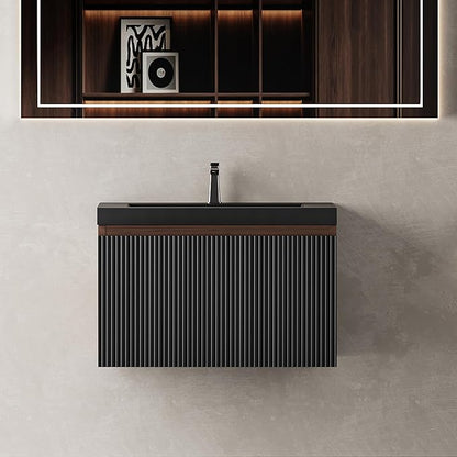 24'' Floating Bathroom Vanity with Sink Combo, Modern Wall-Mounted Striped Bathroom Storage Cabinet with Soft-Close Drawers and Black Quartz Sand Basin, No Assembly Required