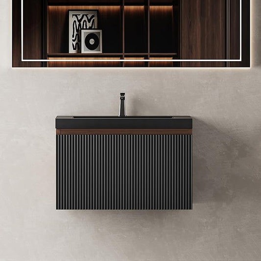 24'' Floating Bathroom Vanity with Sink Combo, Modern Wall-Mounted Striped Bathroom Storage Cabinet with Soft-Close Drawers and Black Quartz Sand Basin, No Assembly Required