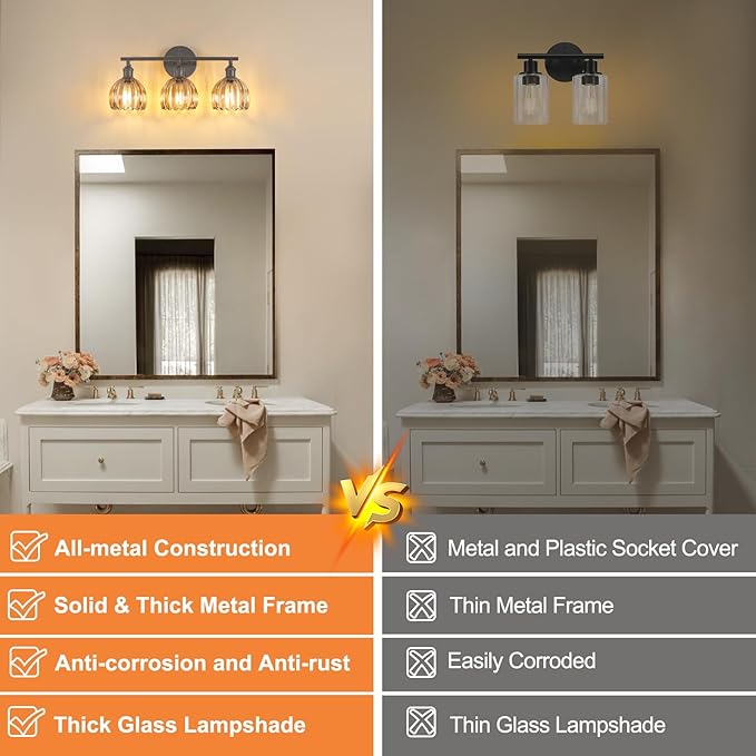 Bathroom Light Fixtures, 3-Light Black Vanity wall Light Over Mirror with Amber Tulip Glass Shade for Bedroom Living Room (Bulb Not Included)