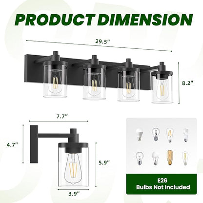 Bathroom Vanity Light, 4 Light Matte Black Light Fixture with Clear Glass Shade, 29 in Modern＆Farmhous Vanity Lights, Bathroom Light Fixtures Over Mirror for Bathrooms, Livingroom