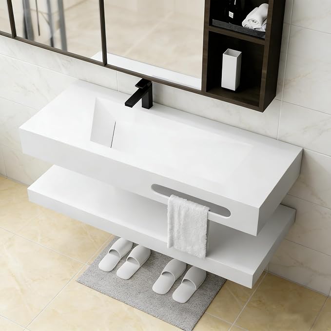 Wall-Mounted Resin Stone 48" Bathroom Sink, Seamless Integrated Vessel Sink with Sloped Design & Open Storage Shelf, Modern Floating Vanity for Bathrooms & Outdoor Spaces