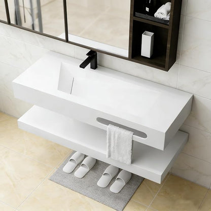 Wall-Mounted Resin Stone 48" Bathroom Sink, Seamless Integrated Vessel Sink with Sloped Design & Open Storage Shelf, Modern Floating Vanity for Bathrooms & Outdoor Spaces