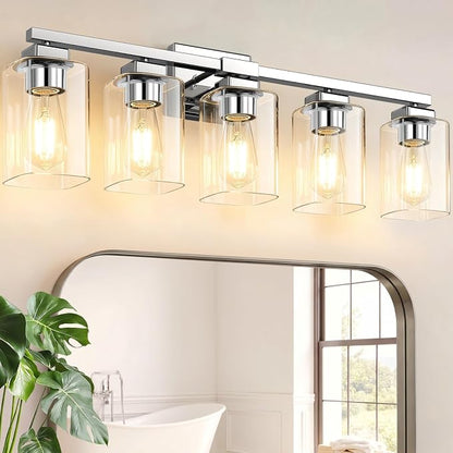 BesLowe 31” Bathroom Light Fixtures, 5-Light Vanity Light Chrome | Square Clear Glass & Durable Metal, Quick & Easy Installation, Standard E26 Socket, Bright Bathroom Lighting