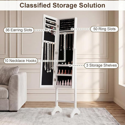 Giantex Jewelry Armoire with Full Length Mirror, Freestanding Jewelry Organizer Cabinet with Ring Slots, Earring Holders, Necklace Hooks & Storage Shelves for Bedroom (White)