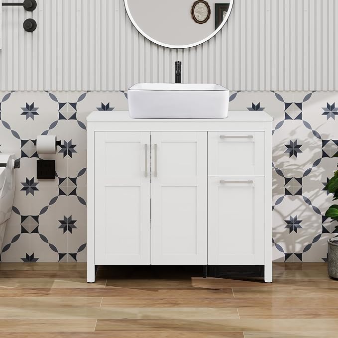 YOURLITE 36" Bathroom Vanity with Sink Combo,White Bathroom Vanity and Sink Combo with Faucet & Pop Up Drain Set,Traditional Vanity with White Ceramic Sink Bathroom Sink