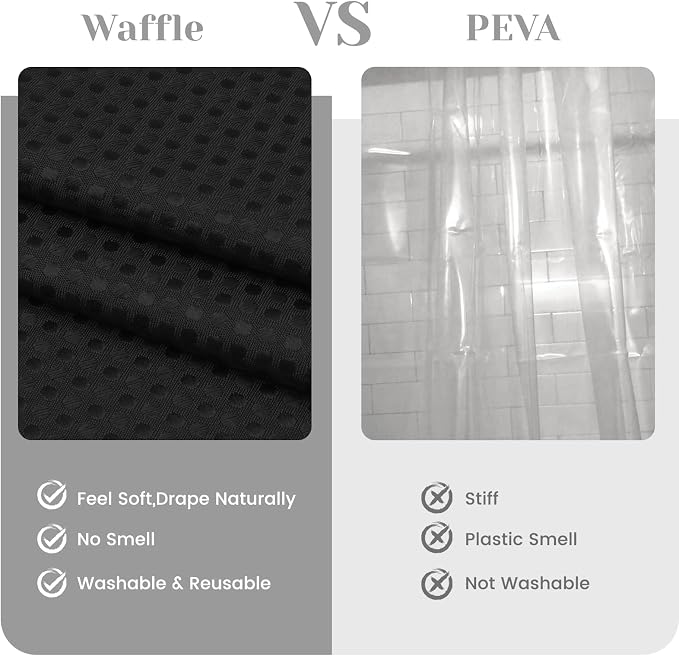 SORTTO No Hook Shower Curtain with Snap in Liner Set Waffle Shower Curtain for Bathroom Hotel Style Fabric Waterproof Inner Liner，36" W x 74" H, Black