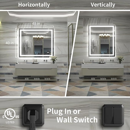 LED Mirror for Bathroom, 48x40 Inch Backlit + Front Lighted Bathroom Vanity Mirror with Lights for Wall, Double Light Strips, 3 Colors, Shatter-Proof, Anti-Fog and Brightness Memory