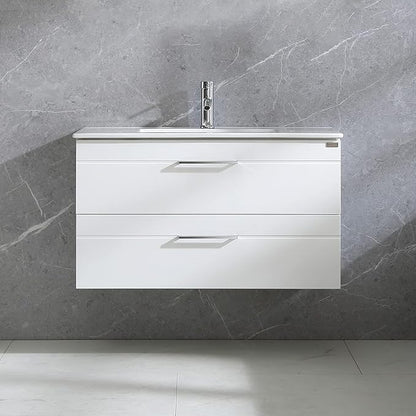 wonline 36" Wall Mounted Bathroom Vanity Set Two Drawers Storage Cabinet with Ceramic Vessel Sink Combo Chrome Faucet White