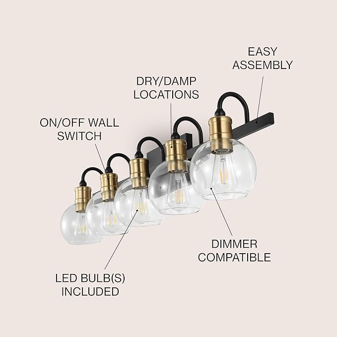 JONATHAN Y 36.5" Black/Brass Gold Vintage Wall Sconce, LED Vanity Light for Bathroom Bedroom Entryway, Clear Glass Globe Shade, Modern Industrial Arched Lamp, LED Bulb Included (JYL3556A)