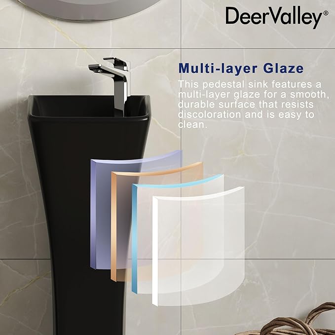 DeerValley Horizon Black Pedestal Sink 11x13 Inch, Modern Ceramic Bathroom Vanity with Overflow for Small Spaces