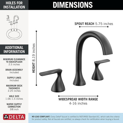 Delta Bonacci Matte Black Bathroom Faucet 3 Hole, 8 Inch Widespread Bathroom Sink Faucet for Vanity, Metal Push-Pop Drain Assembly, Matte Black 3545-BL-DST