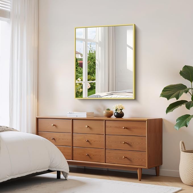 YIROMAN Bathroom Mirror 30"x36", Brushed Gold Bathroom Mirror for Over Sink with Aluminum Frame, Rectangular Vanity Mirror with Right Angle, Wall Mirror Hangs Horizontal or Vertical, Shatterproof