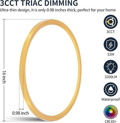 MOONSEA 16 Inch Flush Mount LED Ceiling Light Fixture 32W, 3200LM Dimmable 3000K/4000K/6500K 3 Color Selectable, Low Profile Ceiling Lamp for Kitchen Bedroom Hallway, Gold